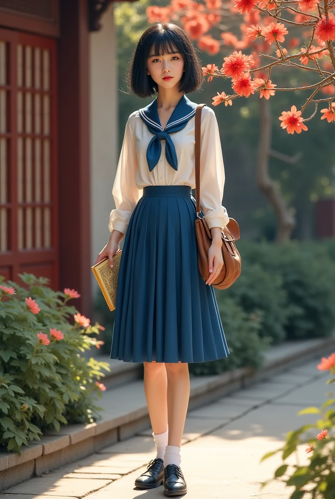 The picture style is exquisite and realistic，focusing on color matching and lighting effects。The subject is a stylish female student，Short-haired black hair， fair skin ， pretty face，Wearing a blue-and-white school uniform，White top，Blue Skirt，Wear black cloth shoes。She is standing in a classical Chinese garden，In the courtyard，with red moonflowers blooming on the side，She is carrying a brown cloth bag，holds a yellowed wire-bound book in hand，Focused eyes，Seems to be thinking。The warm color of the picture，creates a retro、Literary and artistic atmosphere。In composition，character in the center of the picture，The surrounding garden elements add embellishment to the character，It highlights the character's temperament and background。Left hand position，tries to fix anomalies during adjustment。