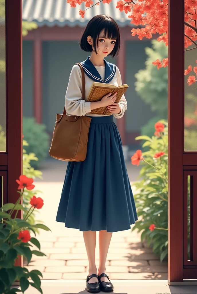 The picture style is exquisite and realistic,focusing on color matching and lighting effects。The subject is a stylish female student,Short-haired black hair, fair skin , pretty face,Wearing a blue-and-white school uniform,White top,Blue Skirt,Wear black cloth shoes。She is standing in a classical Chinese garden,In the courtyard,with red moonflowers blooming on the side,She is carrying a brown cloth bag,holds a yellowed wire-bound book in hand,Focused eyes,Seems to be thinking。The warm color of the picture,creates a retro、Literary and artistic atmosphere。In composition,character in the center of the picture,The surrounding garden elements add embellishment to the character,It highlights the character's temperament and background。Left hand position,tries to fix malies during adjustment。
