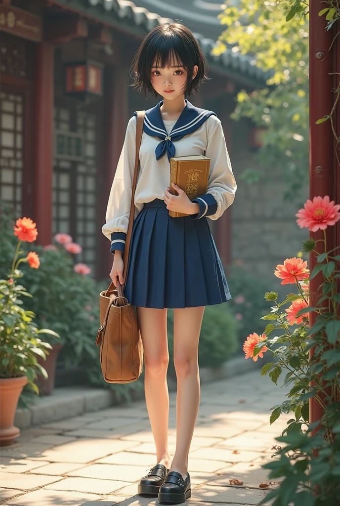 The picture style is exquisite and realistic，focusing on color matching and lighting effects。The subject is a stylish female student，Short-haired black hair， fair skin ， pretty face，Wearing a blue-and-white school uniform，White top，Blue Skirt，Wear black cloth shoes。She is standing in a classical Chinese garden，In the courtyard，with red moonflowers blooming on the side，She is carrying a brown cloth bag，holds a yellowed wire-bound book in hand，Focused eyes，Seems to be thinking。The warm color of the picture，creates a retro、Literary and artistic atmosphere。In composition，character in the center of the picture，The surrounding garden elements add embellishment to the character，It highlights the character's temperament and background。Left hand position，tries to fix anomalies during adjustment。