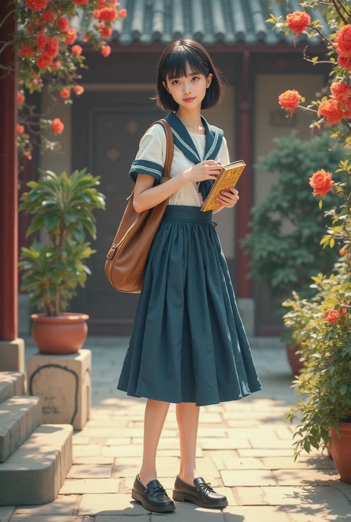 The picture style is exquisite and realistic,focusing on color matching and lighting effects。The subject is a stylish female student,Short-haired black hair, fair skin , pretty face,Wearing a blue-and-white school uniform,White top,Blue Skirt,Wear black cloth shoes。She is standing in a classical Chinese garden,In the courtyard,with red moonflowers blooming on the side,She is carrying a brown cloth bag,holds a yellowed wire-bound book in hand,Focused eyes,Seems to be thinking。The warm color of the picture,creates a retro、Literary and artistic atmosphere。In composition,character in the center of the picture,The surrounding garden elements add embellishment to the character,It highlights the character's temperament and background。Left hand position,tries to fix anomalies during adjustment。