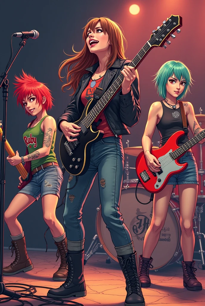 ((best quality)), ((masterpiece)), (detailed), ((best quality)), ((masterpiece)), (detailed), (4 man), the exploited punk rock band, full body, on the stage(skull flags)sound system, mohawk hair(red color), in the concert, crowded people, many lightings
