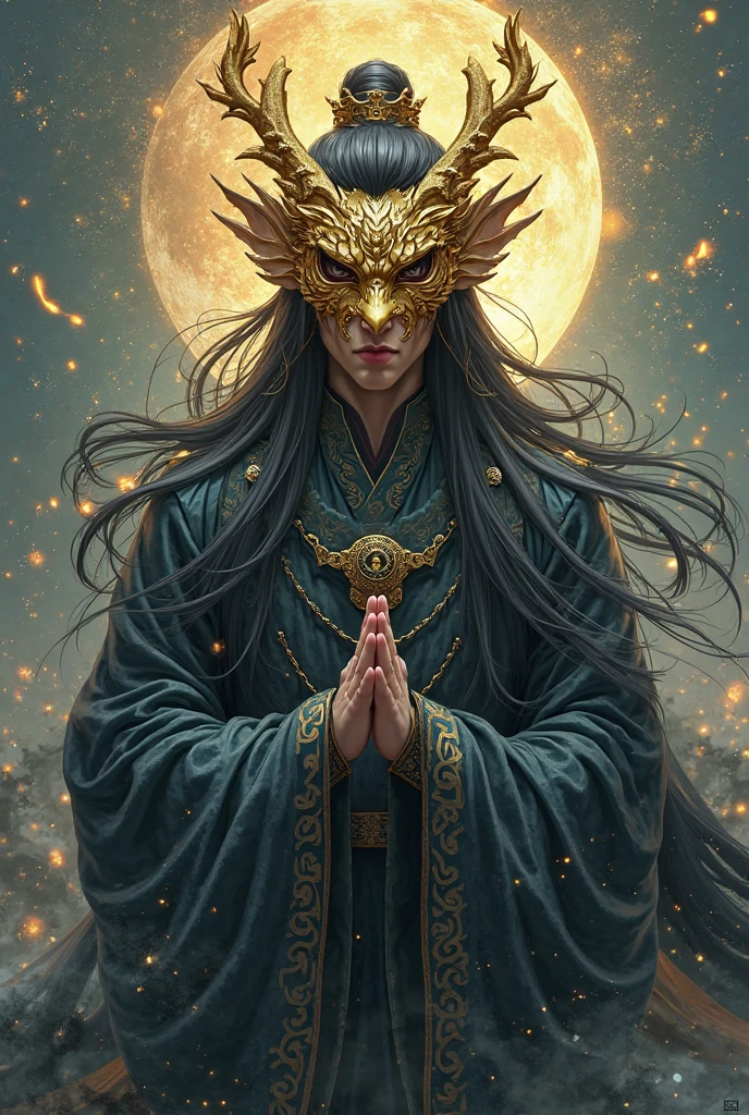 Medieval ink painting，Third Eye Vision。Spiky hair，Dragon Horn，3d，Dark eyeshadow，whole body，robe，Wide Angle，black and gold