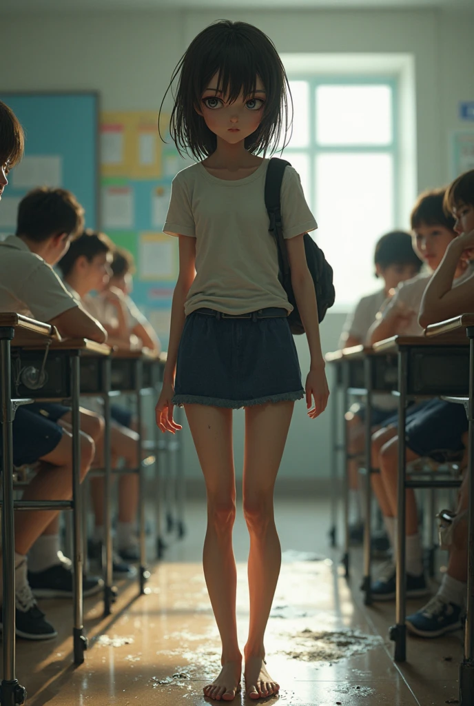 student girl only wearing shoes and nothing else in class full of other students