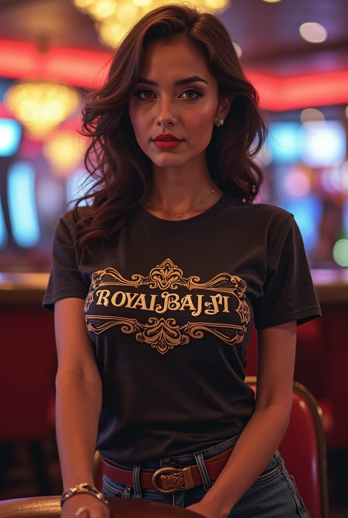 Beautiful brunette woman playing at the casino
Wearing a shirt that says cashier Joha
