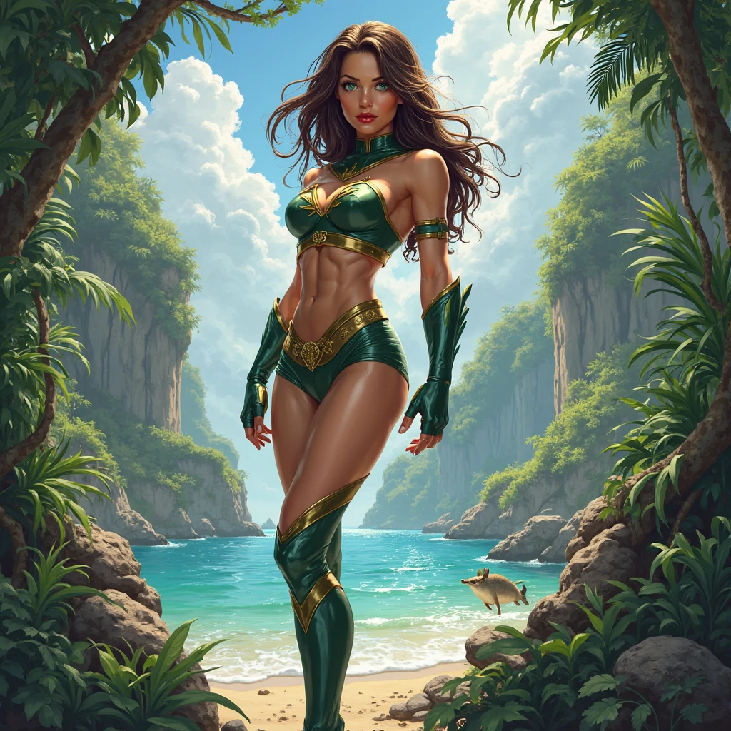 superhero woman with beautiful detailed eyes, beautiful detailed lips, extremely detailed eyes and face, long eyelashes, strong muscular body, brown hair, born in the jungle, holding a metal spear, wearing a real jungle leaves suit with her belly showing, realistic, photorealistic, photo-realistic:1.37, best quality,4k,8k,highres,masterpiece:1.2,ultra-detailed,HDR,UHD,studio lighting,ultra-fine painting,sharp focus,physically-based rendering,extreme detail description,professional,vivid colors,bokeh,portrait