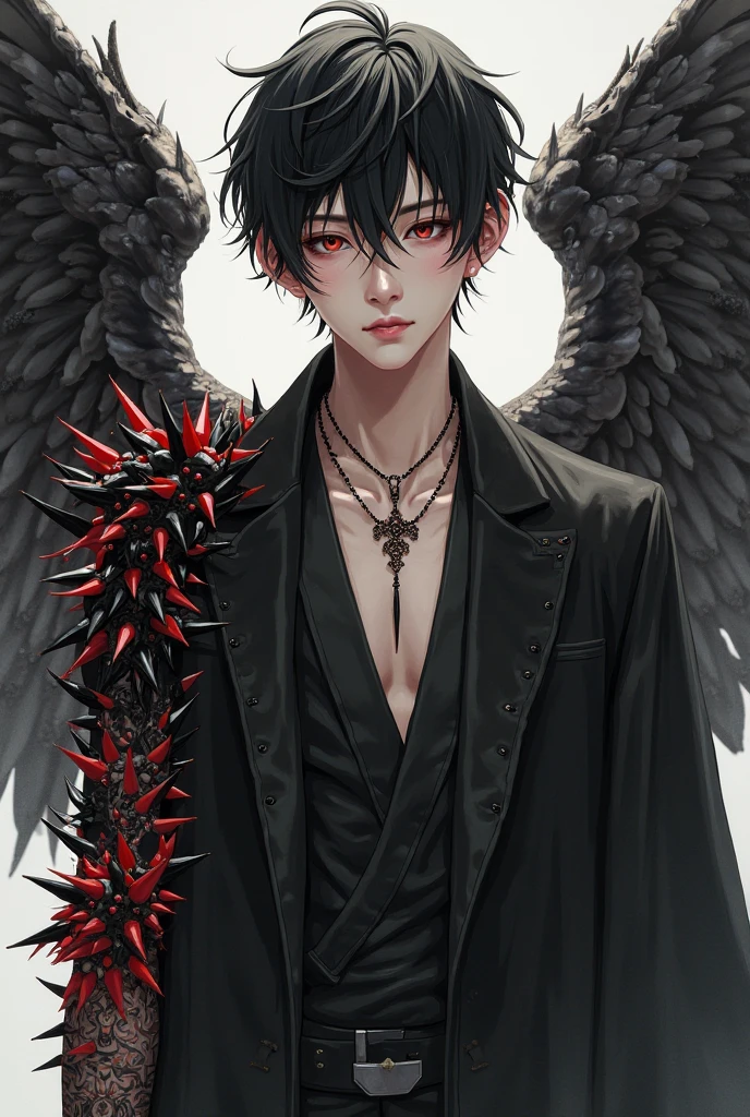 A man with black hair, glowing red eyes, wearing a suit with wings on his shoulders, surrounded by dead bodies on the floor, with blood rain and blood on the floor, (best quality,4k,8k,highres,masterpiece:1.2),ultra-detailed,(realistic,photorealistic,photo-realistic:1.37),dark fantasy,cinematic lighting,moody atmosphere,dramatic