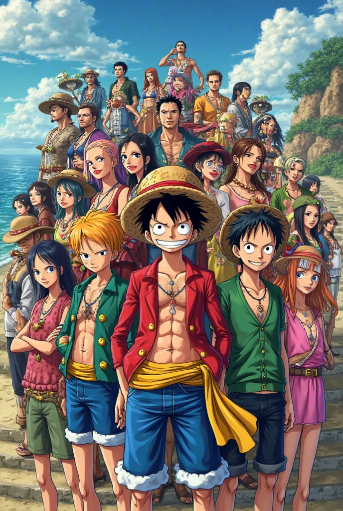 Recreate an image of all one piece together in 4k that is unique and that nobody has and that if they ask you for it, you won't pass it on to them please, and put something like if I did it that says Julio below as a signature and that is prettier