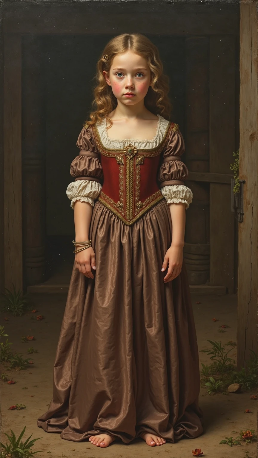 Front view, Full-body, standing pose, on floor, England Palace, century, looking at viewer, English White girl, England queen, 2-o(blond hair, hair bun, little lip, little smile ), (tiara with jewel, earring), (middle breasts, slender whist, middle hip), slender body,(ancient old fashion, courtly romance),ancient shoes, night (masterpiece, Highest quality, masterpiece, God-like quality, Godly art, Very realistic),