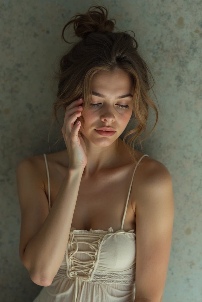 Illuminate the face of a woman with a soft, golden light, capturing the tender vulnerability in her expression as she lays bare her emotions, her eyes shimmering with unshed tears., Analog, DSLR, Motion lines, stunning,sfw barely,