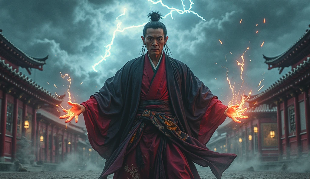 <lora:DingZhenLora_v1:0.9>,fighting stance,photorealistic,raw,8k,4k,highres,1boy,topless,muscular male,best quality,cigarette,smoke,smoking,cigarette,((Tibet)),dramatic lighting,At the pinnacle of the Potala Palace,Stormy weather with lightning and thunder,
