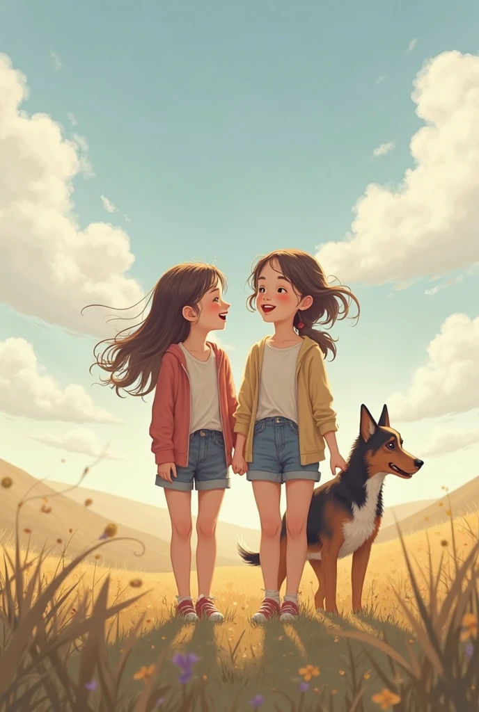 A black-haired girl accompanied by a blonde dog and a teenage girl in a field 