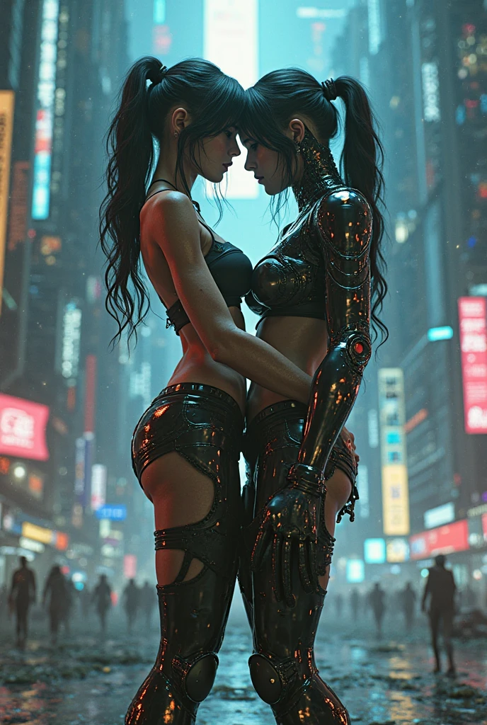 Female Cyborg, with bionic arms and legs,, under the rain, usando lingeries transparentes income na cor lilás, kissing a japanese girl with purple hair, wearing transparent orange lingerie, income.