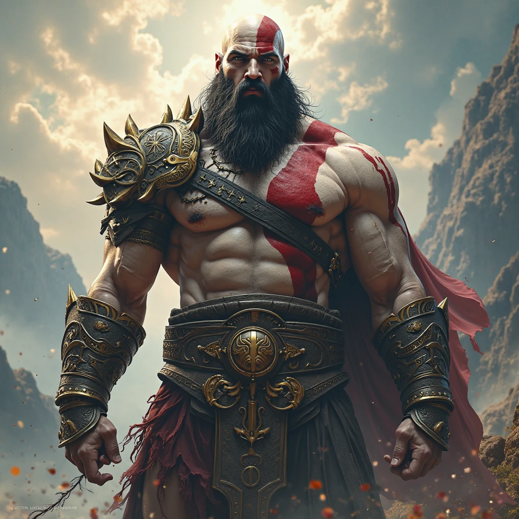 kratos vs homelander: best quality, ultra-detailed, realistic, intense battle, muscular physique, ripped body, powerful presence, determined expression, glowing eyes, superheroic strength, god-like aura, fierce competition, explosive energy, dynamic poses, flying debris, shattered buildings, epic clash, fiery explosions, intense lighting, dramatic shadows, dark and gritty atmosphere, superhero vs god, clash of titans.