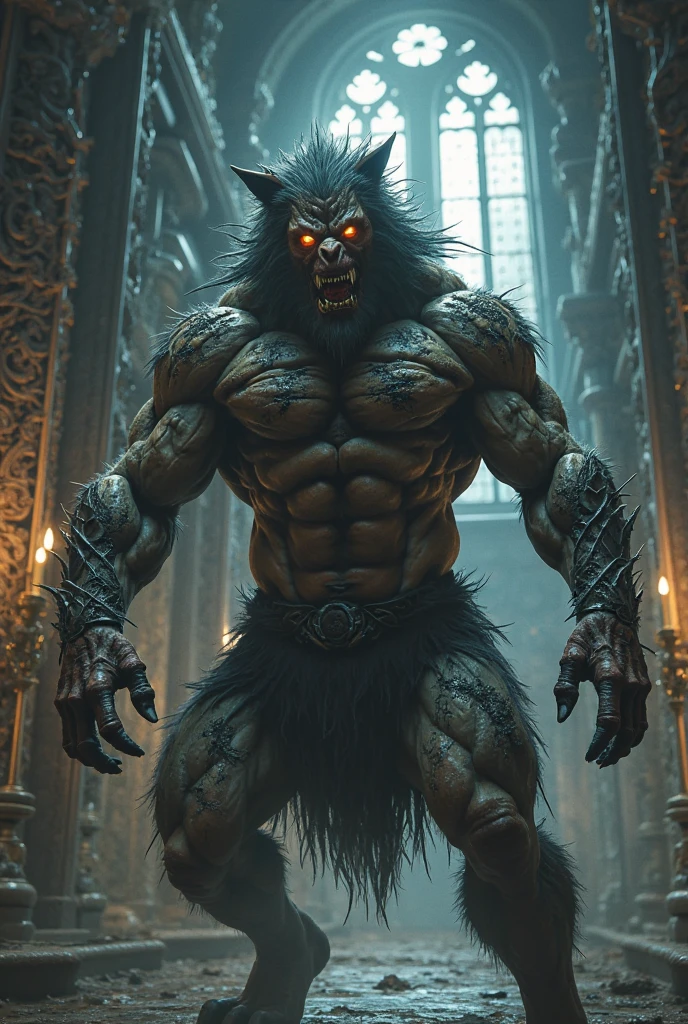 (medium full shot) of (beastly werewolf), charcoal fur, scarred body, wearing leather vest, spiked collar, set in a haunted castle hall with flickering torches, echoing footsteps, an oppressive air, at midnight, ,Masterpiece,best quality, raw photo, realistic, very aesthetic, dark