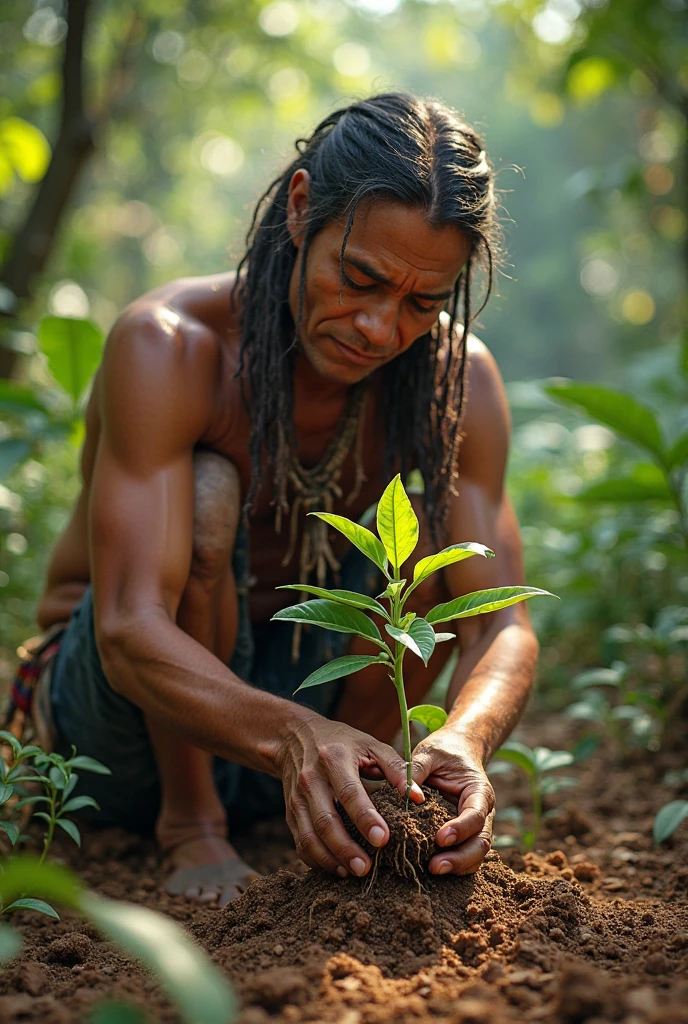 indigenous man planting a tree using a glass bag on his back and inside it a plant that comes out a mask that he is breathing in