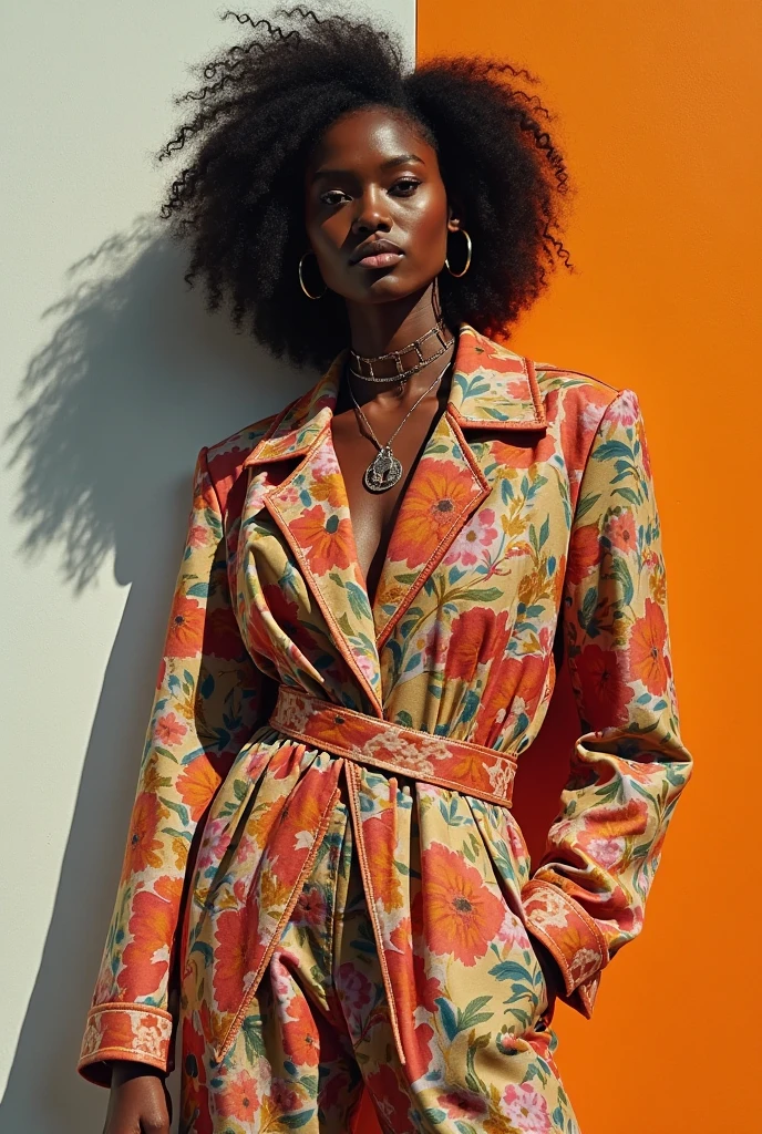 Gorgeous black model (skin not too glowy should look realistic) shooting in a colorful dress