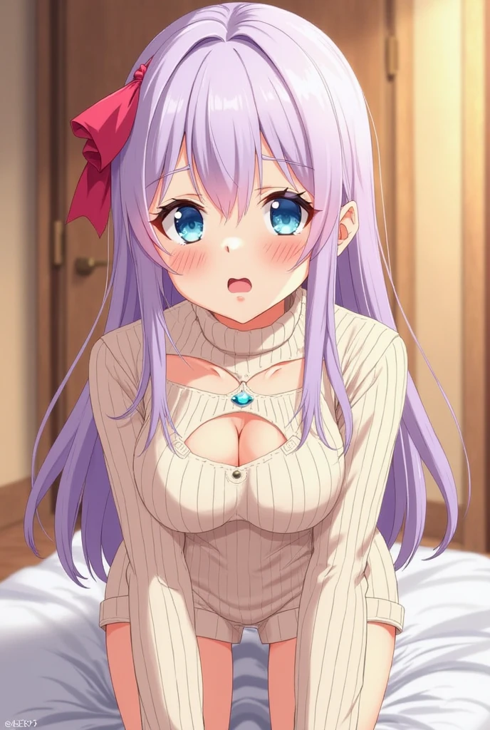 masterpiece, best quality,
1girl, solo,
<lora:chara_Kaguya-samaWaKokurasetai_FujiwaraChika_v1:0.8> fujiwara chika (kaguya-sama), fujiwara chika, (blue eyes:1.2), pink hair, long hair, hime cut, blunt bangs, blunt ends, sidelocks, hair bow, black bow, large breasts,
indoors, bed,lamp,
school swimsuit, one-piece swimsuit, black one-piece swimsuit, skin tight, skindentation,
from below, looking down, all fours, collarbone, cleavage, cleavage cutout, taut clothes, hanging breasts, thick thighs, curvy, thighhighs,
steam, steaming body, sweat,
looking at viewer,
blush, smile,