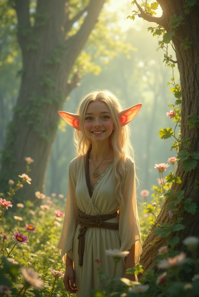 Fairy tale enchanting magical forest elfin mage at dawn, from above, extremely oversized translucent ears, sage green skin, gleefully laughing. sunbeam filters through the mossy green forest, tiny delicate veins trace across face and ears, rim lighting, atmospheric perspective, <lora:DetailedEyes_V3:1.0>, SimplePositiveXLv2, <lora:RM_Niji_v1.0_bf16:1.0>, . Magical, fantastical, enchanting, storybook style, highly detailed