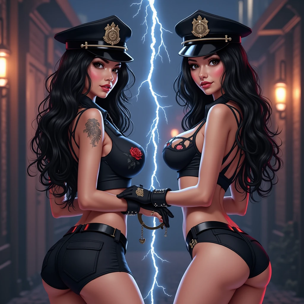 modern city with rioters and police fighting each other in the streets, burning cars, broken bottles and glass, molotov cocktails, fire, burning buildings, bright flashing police lights, fire trucks and ambulances, soldiers in riot gear, two beautiful nude Asian women walk away down the street revealing their backside and ass wearing thigh high high heeled boots and garter belt , black or white fishnet stockings and a pink garter belt,wearing riot armor marked make peace not love, graffiti