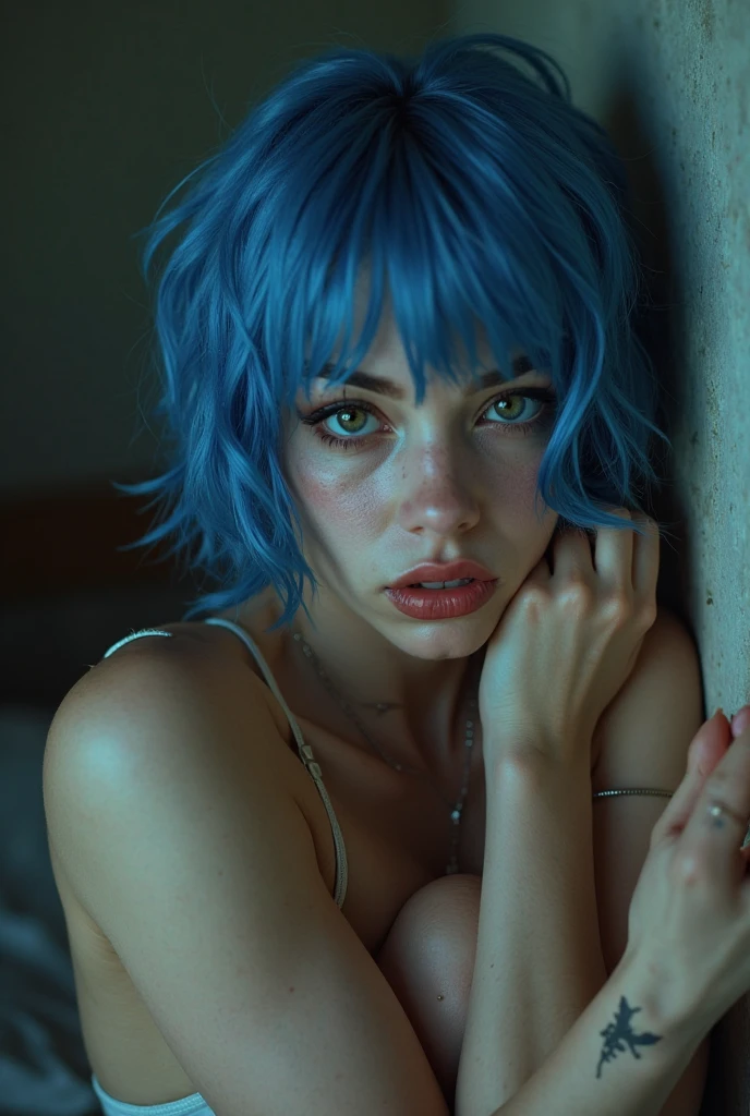 (score_10,score_9_up,score_8_up,score_7_up,score_6_up,source_cartoon,rating_explicit),(uncensored),from above, full body,<lora:4kFacePonyXL:1>,4kfaceponyxl,1girl,light_blush,looking_at_viewer,depth of field,light blue theme,big breasts,contour_deepening,chromatic_aberration,bokeh,body blush,[wrinkled skin],refraction,film grain,pores,(real life insert:1.5),messy hair,adult,