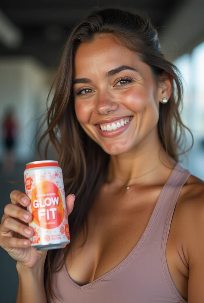 Create a young woman holding a can of energy drink in a sweaty gym with a satisfied look on her face