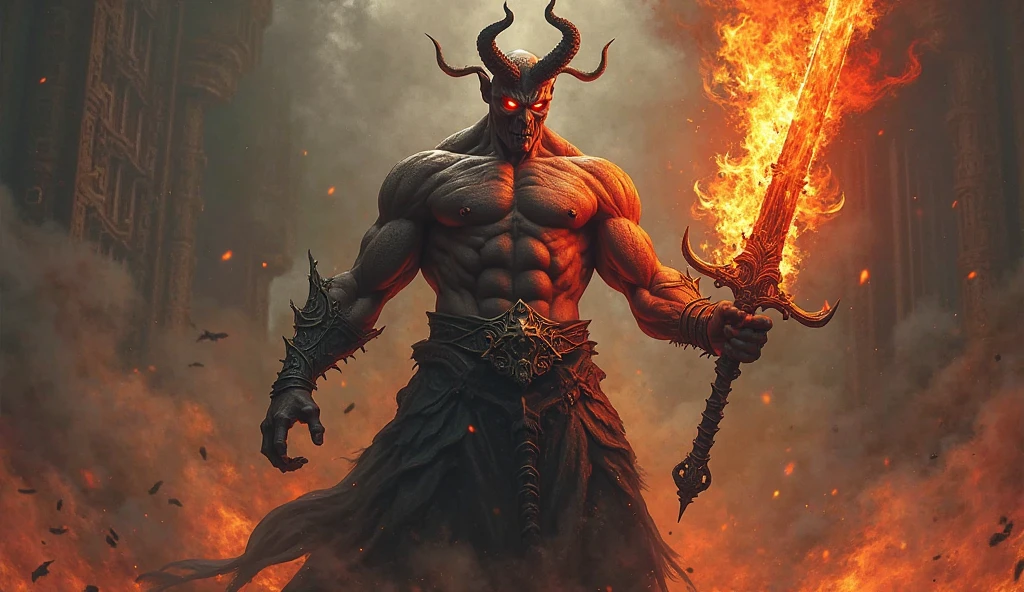 A majestic representation of the Devil standing over the wreckage of an apocalypse. His imposing figure is intricately carved, with flames in shades of orange and red dancing around him. He holds a black scepter studded with jewels, radiating evil energy. In the background, the scene is desolate and chaotic, with stormy skies and spreading darkness. The epic battle between the forces of good and evil is portrayed in the fierce expressions of the fighting warriors. Environment: A world in ruins, with collapsed buildings and an apocalyptic landscape. Atmosphere: Dark, charged with tension, with an air of imminent final conflict. Style: Bronze sculpture with highly realistic details. Execution: Digitally sculpted in high resolution, with an emphasis on the textures of the flames and skin.