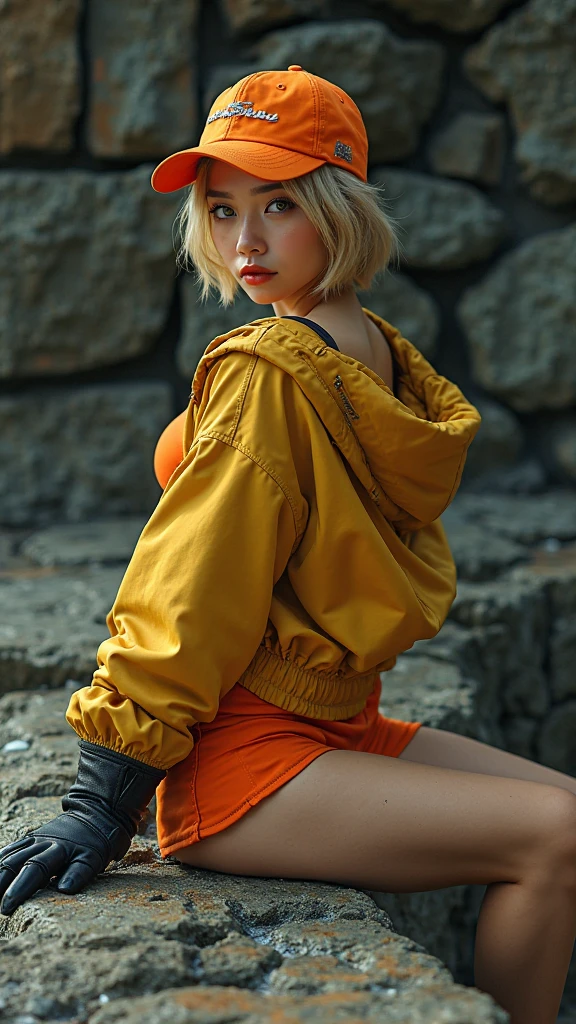 1 female、(super beautiful)、(beautiful face:1.5)、(Taken from above the knees)、(detailed face:1.5)、(detailed eye:1.2)、(lip details:1.2)、(detailed nose:1.2)、(yellow sweat suit:1.5)、(compensate:1.1)、(hair naked)、(At SFW:1.6)、(morning:1.4) 、photo quality、surreal、Real face like a photo、realistic body、Fine skin texture、super high quality、blonde、short hair、黒ラインの入ったyellow sweat suit