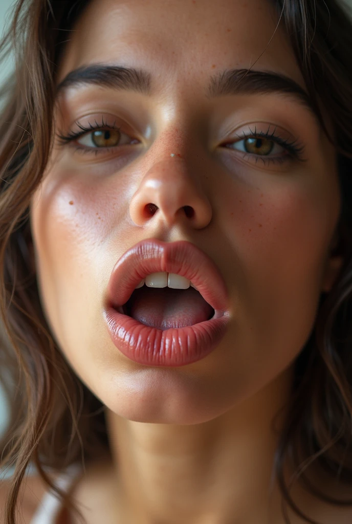(photo Realistic:1.4), (hyper Realistic:1.4), (Realistic:1.3), (High resolution,High resolution,Sharp focus,8k)(Keep your eyes clearly focused, Nose and mouth,Face Focus,) Woman with open mouth and closed eyes, 、Age 35,Black-haired、Symmetrical face,Realistic nostrils、Angle from below、Elongated C-shaped nostrils,,,,,Browsing Caution,White Background、Sweaty skin、Lighting that accentuates skin that shines with sweat、((Nose hook))Skin shiny with sweat、Shiny skin、(Wet and shiny tongue)(Sharpness)furrowed brow, frown, tongue out, ahegao, long tongue, textured skin, anatomically correct, super detail