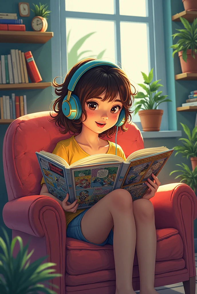 Create youtube thumbnail promt: A cute , smiling, wearing a white shirt with a white bra and white panties lying on a rocking chair reading “Life is easy”, wear headphones, cat playing guitar, outside the window birds are chirping, There are musical notes flying around the room., There is a picture that says “Relax” & Laugh”, image ratio 1280x720