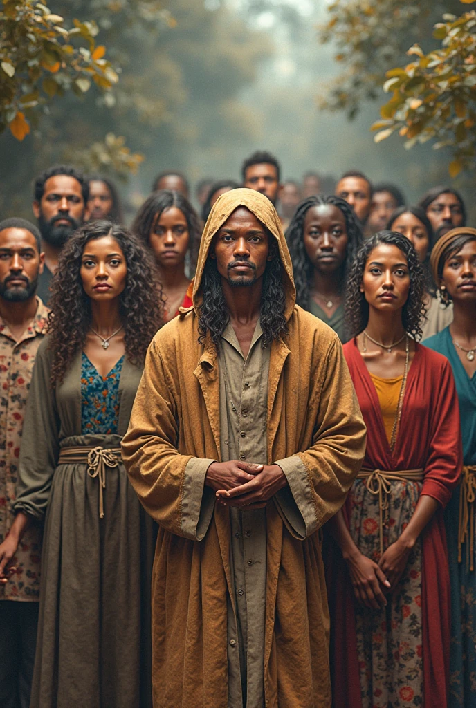a group of 13 black people sitting at a large table and in the middle a brown man with long hair blue eyes an angel's halo over his head sitting in the middle of the table , mens and womans, image similar to the painting of the great supper of jesus christ and the apostles a house of Roman times style stone ultra realistic image all sitting facing forward next to each all-personagem masculinos e femininos, afrofuturism