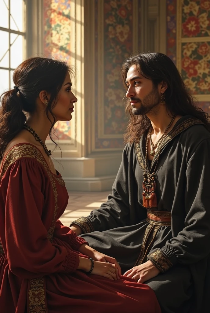 Magnificent detail, 8K Photos, hyper- realism, realistic background, visual depth, wide angle lens, professional lighting, foto pov rey. Photo taken behind the throne. {LnF [rey] looking ahead a couple composed of a [naughty man] A peasant and a [Woman] pobres que estão lado a lado, hand in his Palace.} {or casal tem um [naughty man] dressed as a peasant, with an expression of sadness, desolated, looking at the floor.} {or [naughty man] is holding hands with her [Woman], que está ao seu lado direyto.} {a [Woman] She is beautiful, pobres, with messy hair. apesar da pobresza, a [Woman] She is very beautiful and attractive, his body has beautiful curves, delicious, mackerel.} {a [Woman] is taking off an overcoat-like jacket, showing off their sensual lingerie that partially shows breasts and groin.} {a [Woman] She has a sexually submissive expression.} {or [rey] She is 36 years old, bonitas, usa um manto típico de rey, wears a beautiful crown. He's sitting on the throne, adorned with gold, conveying an image of extreme power.} devotion. sensual photo. adult content.