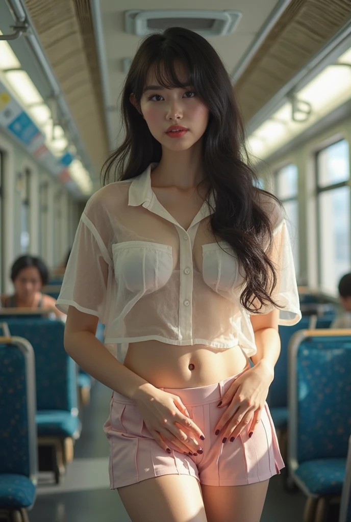 1girll,Wipe off panties,There is a cross on the chest,hide,Raised uterus,Labia majora,On the train