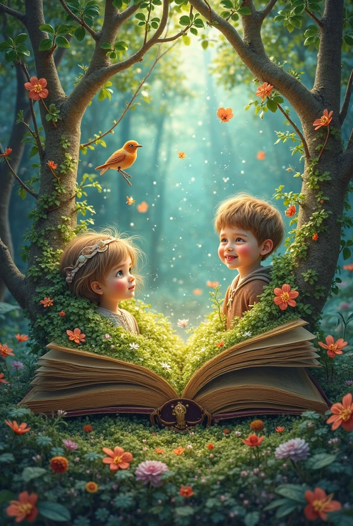 a boy with a girl reading a story rainbow castle butterfly toad a wolf flowers magic world