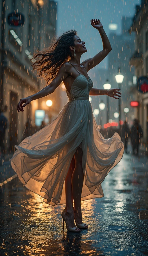 a portrait of female classical ballet prima ballerina dancing in the rain, a full body picture ((anatomically correct: 1.5)) of a exquisite beautiful female dancer wearing silk evening dress, intricate dress dynamic hair color, dynamic hair style, dynamic skin complexion, wearing ballet shoes, wearing thigh highs, ((she is standing in the middle of the rain storm: 1.5)), she is wet, yet enjoys the dance in the rain, cloudy night, lightning storm, dynamic background, vibrant, Ultra-high resolution, High Contrast, (masterpiece:1.5), highest quality, Best aesthetics), best details, best quality, highres, 16k, (ultra detailed: 1.5), masterpiece, best quality, (extremely detailed) RAW, (ultra details, Masterpiece, best quality), Cinematic Hollywood Film, artxldnc, phoenix dress,