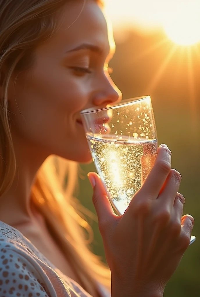 Imagine a woman in a moment of self-care, carrying out your skincare routine carefully. While she applies a serum or cream to her face, she holds a cup of dietary supplement with one hand. Suddenly, a gentle rain of grapes falls on his face and shoulders, creating a fun and refreshing scene. The contrast between skincare and falling grapes adds a unique and joyful touch to your beauty and health ritual..
