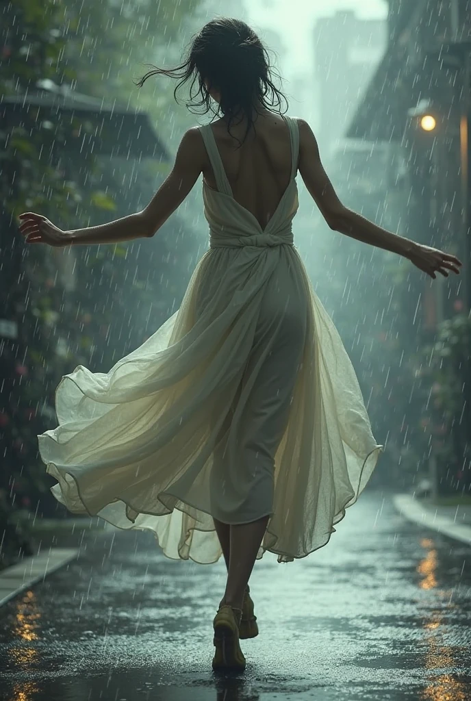 Craft a 4K hyper-realistic rear view, stunning image of Mari a beautiful slim young African lady. Aged 26 years, dressed in modern wears, long white transparent gown. completely drenched[showing her figures] in the rain while walking in an African city on a rainy day, dull weather, without sunlight, street view.