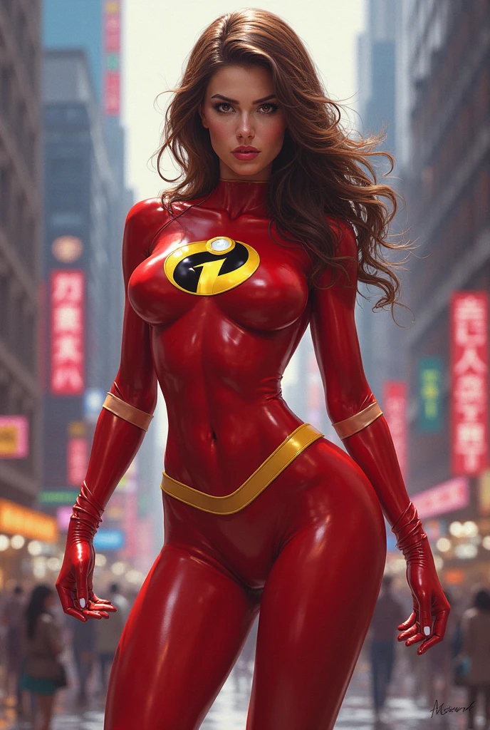 New York, Time Square, ((Flash Woman)), Big Breasts, Medium Hips, ((Ultra Realistic)), Icons, Vibrant Red and Burgundy Colors, Vector Style, Digital Artwork, 4k, Intricate Details, Mesmerizing, Professionally Made , beautiful vector illustration, 12k resolution, ....3d, all detailed characters, ((highly detailed)), ((vibrant)),((Ultra high quality)), ((hyperrealism)), ( (photorealism)), [ Octane Rendering], in the city, many cars (realistic)