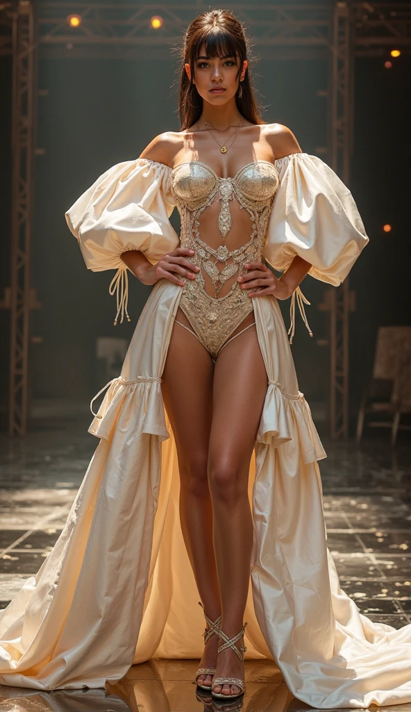(1.8m high definition model, catwalk, best image quality, best details, best photo), runway photo, glamorous runway model, haute couture! fashion!, fashion runway, A sophisticated model parades from the Milan Fashion Show, her look a tribute to the elegance of the court of Louis XVI. Corset,, garter belt, pantyhose, cryolin on display