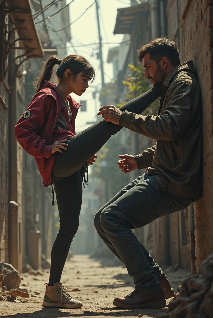 A young girl kicking a man in his balls
