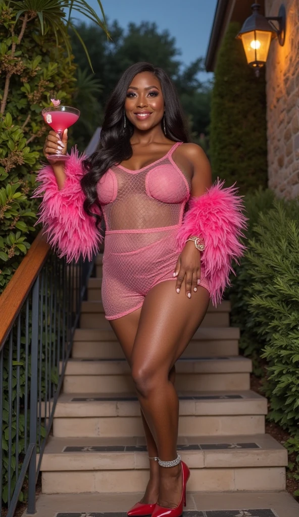 Old fat Woman, fiftt years old, fat body, Black skin, african style , short hair, almost naked body, ((fullbody view)), wearing a transparent babyDoll, about 5 meters way camera, wearing a big pair of glasses, thick lips, drunk face, drinking a beer, showing her small and large waist, stand close a graffiti wall, at the night, Full moon in sky, in an alley of Brazilian street, near to trash