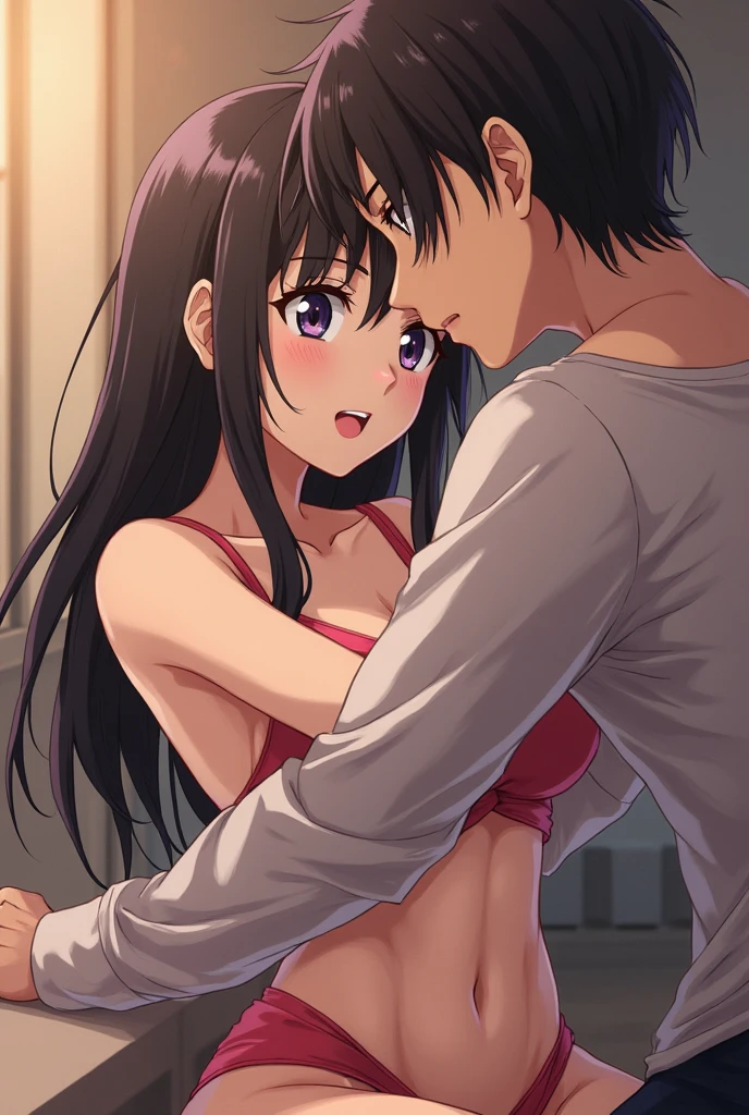shinkai makoto, kimi no na wa., 1boy, brown hair, nude, muscular, boy caressing girl's body, passionate hug, boy is hugging from behind, chestgrope from behind, middle aged man is touchig girl's chest, hold chest, 1girl, light maroon hair, long curly hair,two strands framing her face, two strands of hair framing her face, Brown eyes, light pink lips, smile, medium breast, pink nipples, nipples, pussy, vagina,storage room, indoors, masterpiece, perfect anatomy, cowboyshot