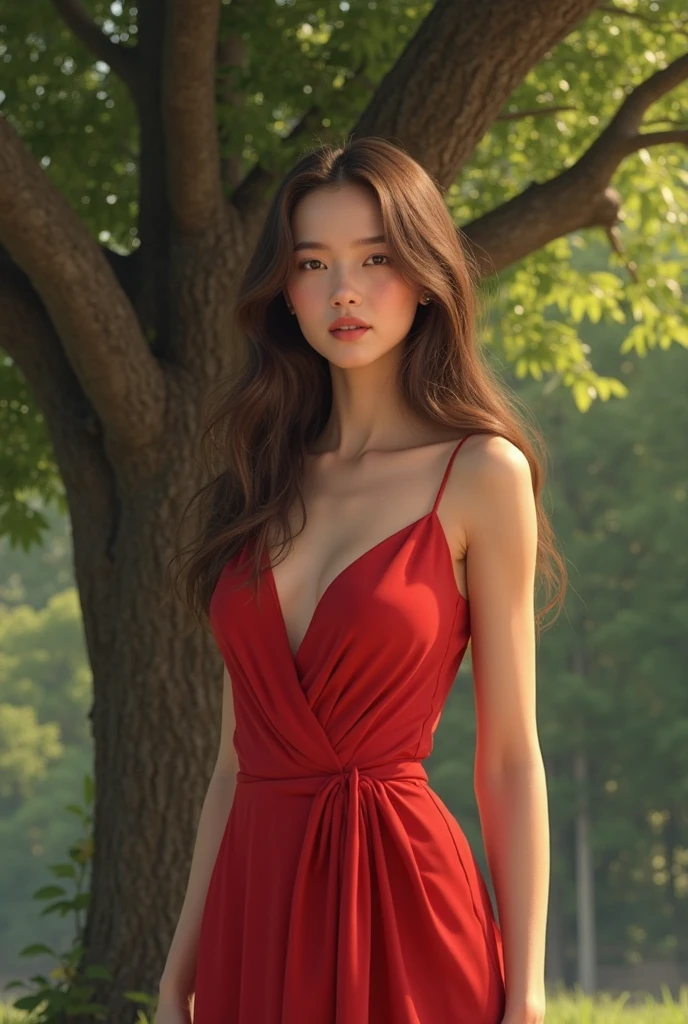 photo of a elegant woman, masterpiece, best quality, ultra-detailed, young, female posing, (look at viewer,:1.4) gloomy, beautiful, (red vintage dress,:1.2), nature, high pine forest, lake, beautiful sunset sky, analog style (look at viewer:1.4), (skin texture:1.2), (film grain:1.3), (warm hue, warm tone)