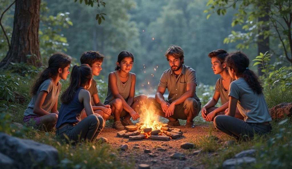 Distressed color photo of children at summer camp around campfire saying goodbye, group photo, several children aged 12 to 13, end of season