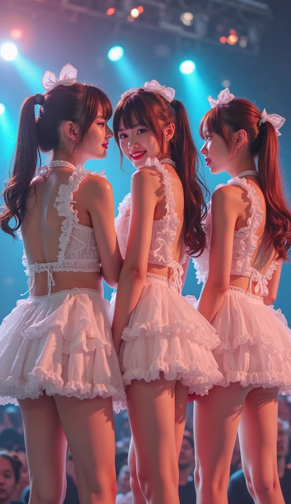 (japanese idol group, 5girls), on stage, sexy swim suit, realistic, fine art parody, wavy red hair, standing, cross legs:1.2, flip flops shoes, close-up, smile, idol dress