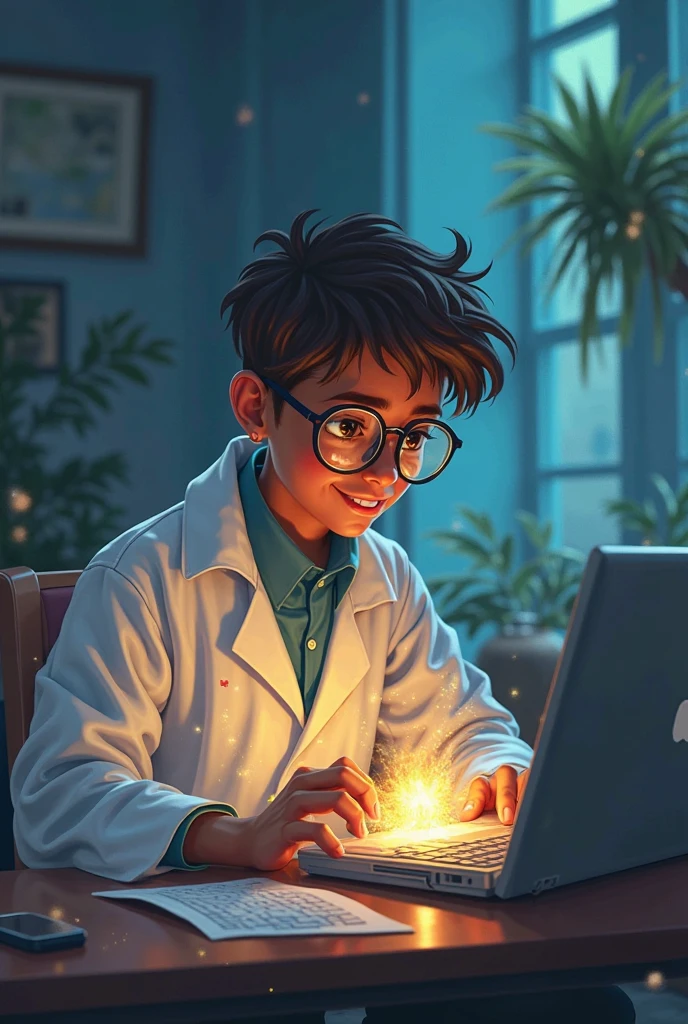 I need to create an image of a medium-light-skinned teenager with black and blonde hair wearing a lab coat making a 1-watt spotlight circuit..5 volts on a table in a common house 