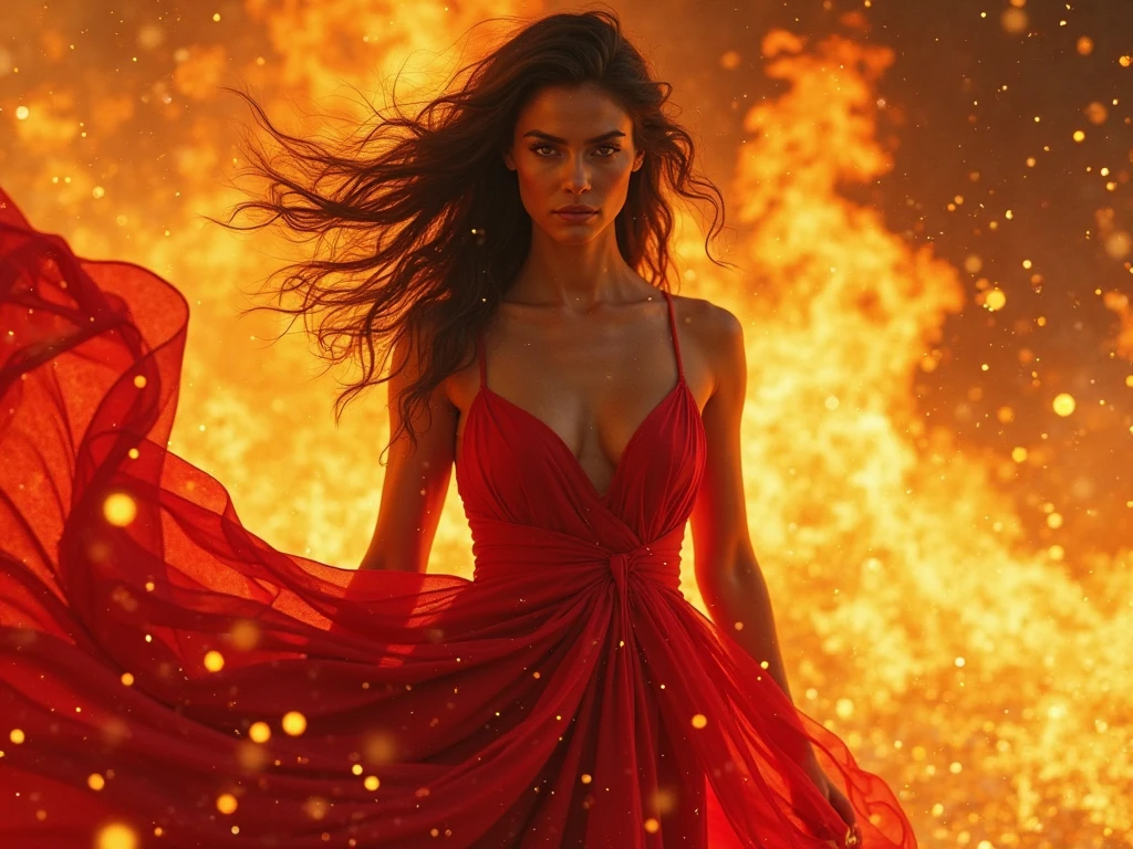 A young beautiful woman, goddess of lava, long wet black hair, perfect body, perfect round breast, soft and attractive, wearing ancient styled dark-red peplos dress, standing and starring, volcanic lava explosions around her, high resolution, fantasy photo, vivid, medium closed up view, Enter a captivating scene, How energetic lava particles ignite the air around you, Creates a stunningly dynamic atmosphere. Creative lighting styles bathed in brilliant light, hell light, Harmonizes with rotating lava particles . Crafted with meticulous precision，Render in stunning 10k high resolution, This masterpiece incorporates the artistic medium of digital illustration, Mystical realism, and contemporary surrealism, The ethereal beauty of lava splashes , volcanic lava explosions enhance the sense of magic and wonder.