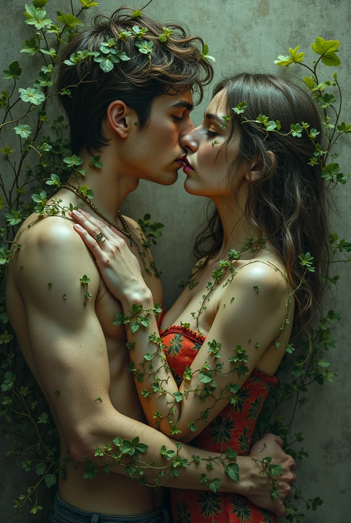 Positive prompt: Compose a deeply emotional and visually stunning image of a young Norwegian woman in the Garden of Eden, nude next to an English man with blue eyes, nude looking like Tom Hiddleston, delicate roses in the background. It incorporates abstract art elements with a 1.6 aspect ratio and a broken glass effect, conveying shattered memories, and a red-tinted background with vivid shades of red, orange, and ebony. To heighten the emotional impact, they include rose thorns dripping with blood, adding to the overall beauty and evocative nature of the piece. Utilize hyper-detailed and intricate elements, bringing the final image to life with 8K HDR and luminous lighting. The dramatic atmosphere highlights the detailed, high-quality nature of this stunning work of art.