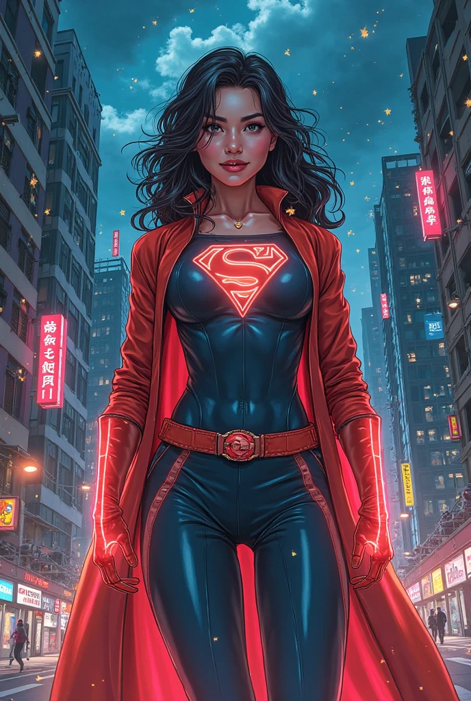 a digital painting of supergirl merging with venom, long hair, cyberpunk art by Josan Gonzalez, winner of the behance contest, afrofuturism, synthwave, neon, shiny neon, thick thighs, thin waist, sensual, nsfw, little clothing, erotic art, anime, torn battle clothes, extremely sexualized, sweaty body, NSFW, big breasts, big ass, HD, 8k, High quality, details, perfect body, Highlight the body, detail on the perfect face, detail on the backdrop, blood on the body