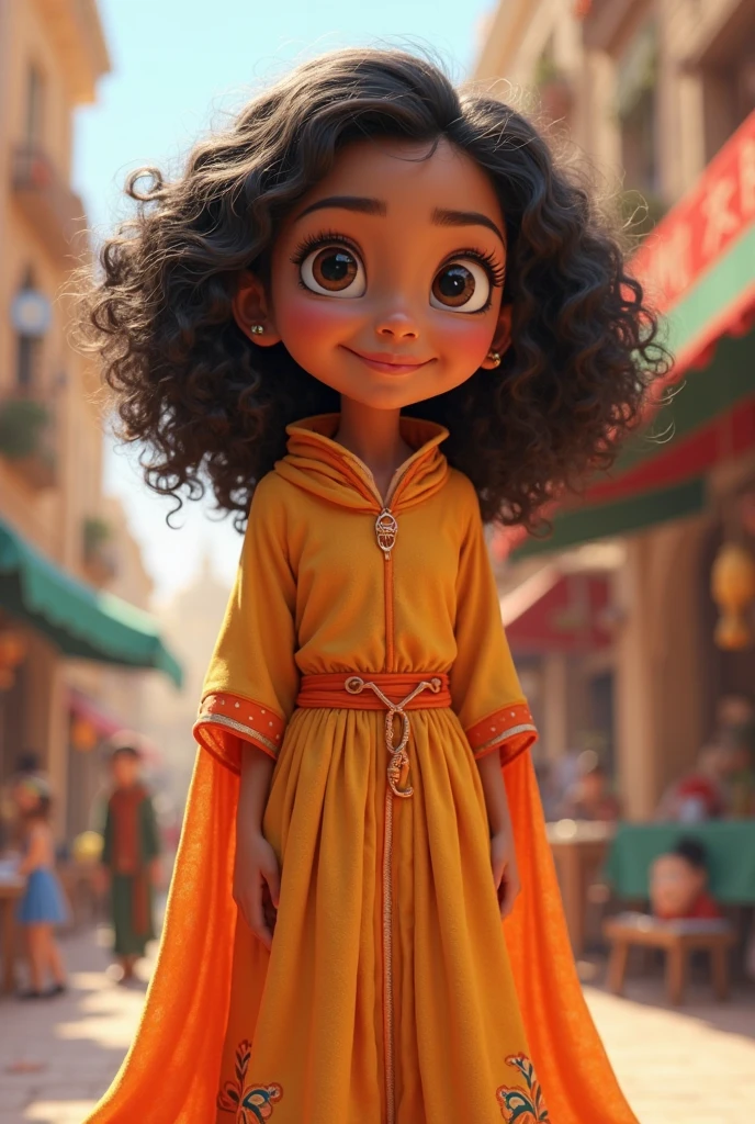 Create a Disney Pixar style girl , This is a brown girl with brown eyes and long brown curly hair , she is praising God