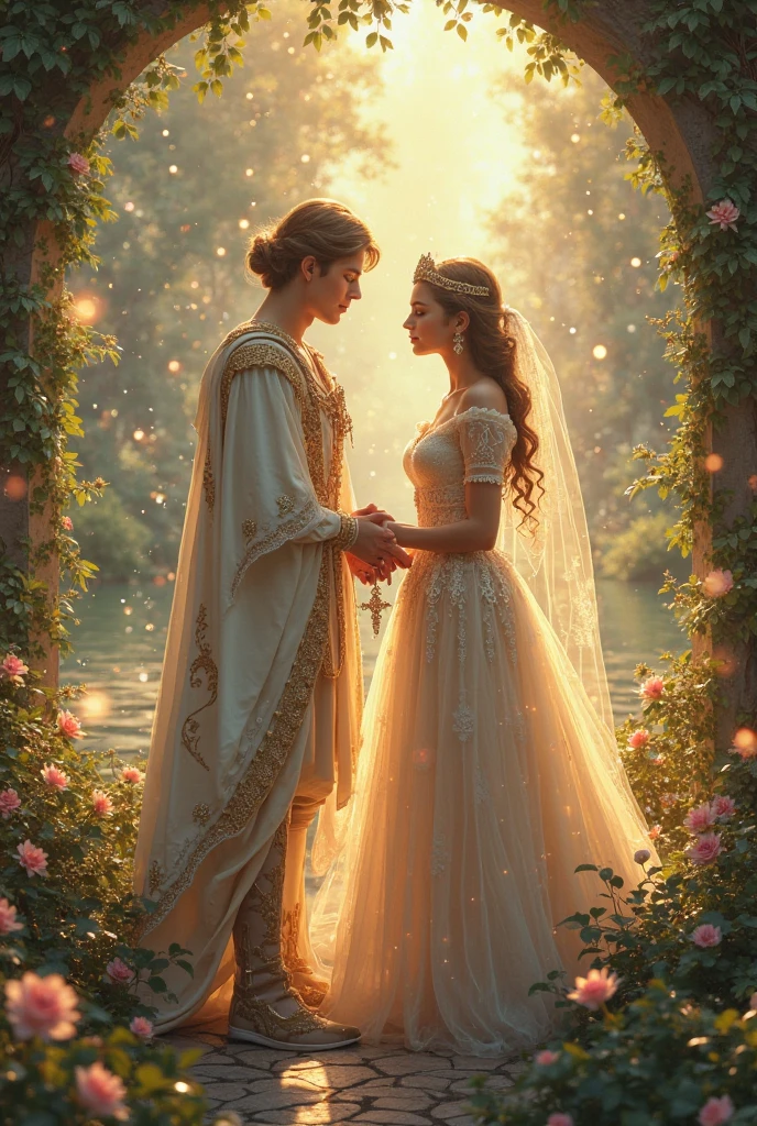 Couple kisses a house and a woman with much affection, the man Neels Visser is a prince who has golden blonde hair, wears a medieval military outfit and is in love with the commoner woman Lily Collins, who has dark curly black hair and wears a red dress, illustration of a romance book cover with a detail, smooth, bright background full of flowers ivy toppings and red roses, castle, ornate dress standing on a bed of roses, edge light, lighting lighting, ethereal lighting, ultra detail, concept art, elegant, surreal, art by Lisa Aisato, Greg Hildebrandt, Citemer Liu, Stjepan Sejic, Samyang, Aykut Aydogdu, Justin Gerard, Alphonse Mucha, Artgerm, WLOP and Greg Rutkowski